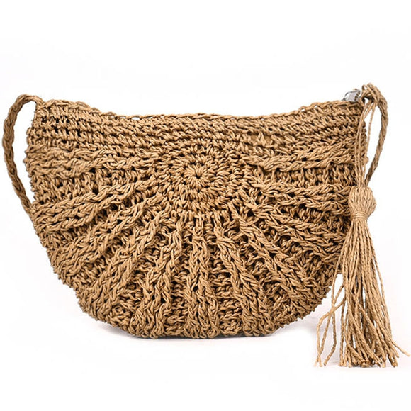 Women small Semicircle Tassel Knitting Straw bag Summer Travel Rattan Tote Knitted Hand Bag Girls Shoulder Tote Keys Coin bag