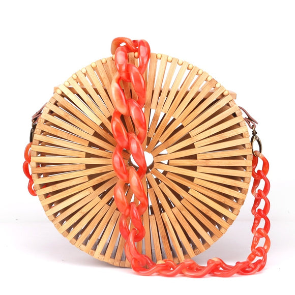 New Round Circle Bamboo Woven Bag Female Causal Small Hollow Summer Beach Bags for Ladies and Girls Acrylic Shoulder Strap